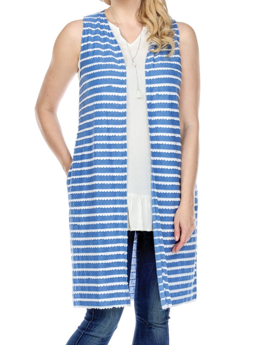 🟠NWT YAK N YETI Tiered Wave Fabric Sleeveless Open Front Cardigan Blue/White S/M